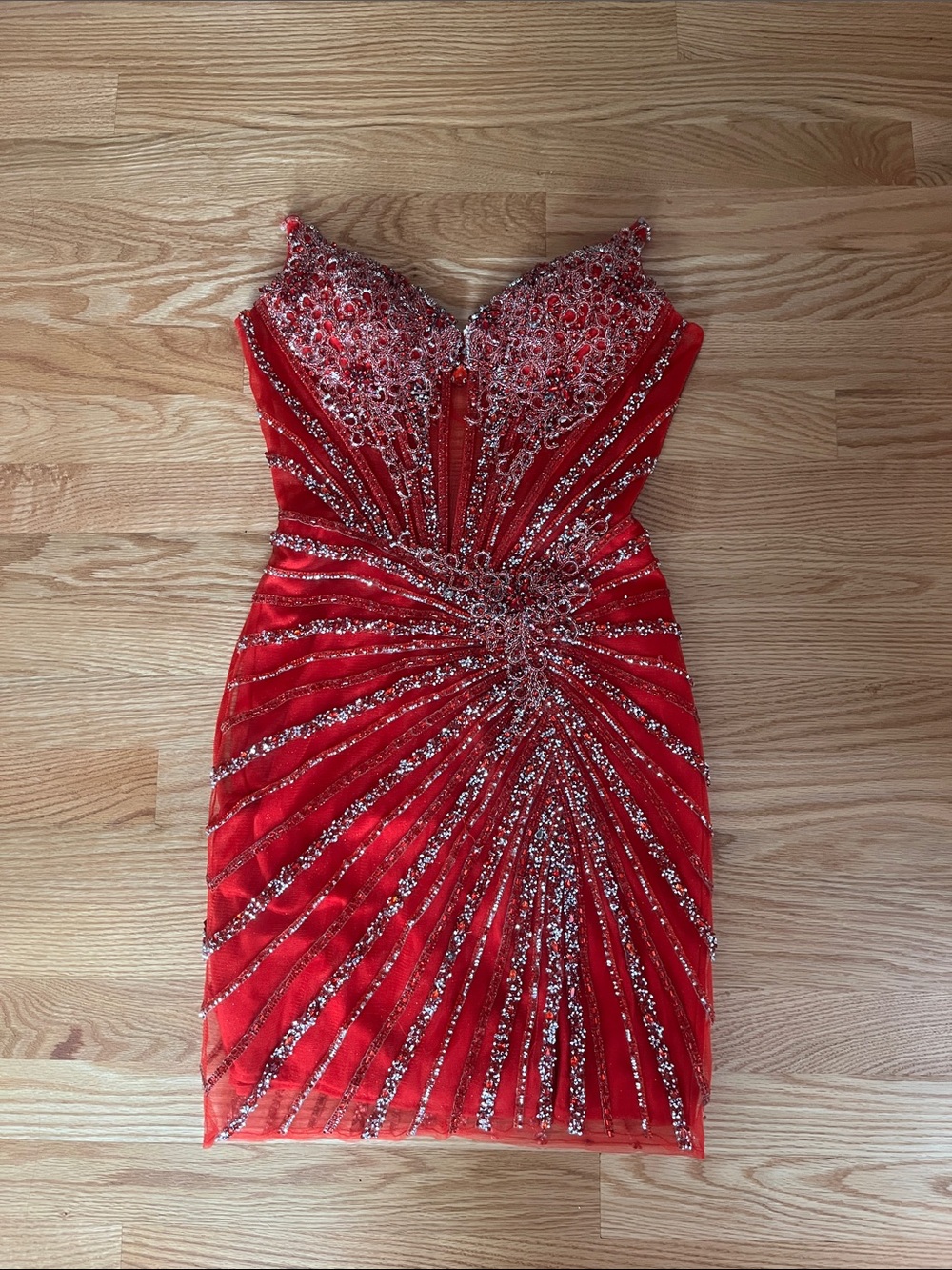 Red Beaded Strapless Mini Party Dress